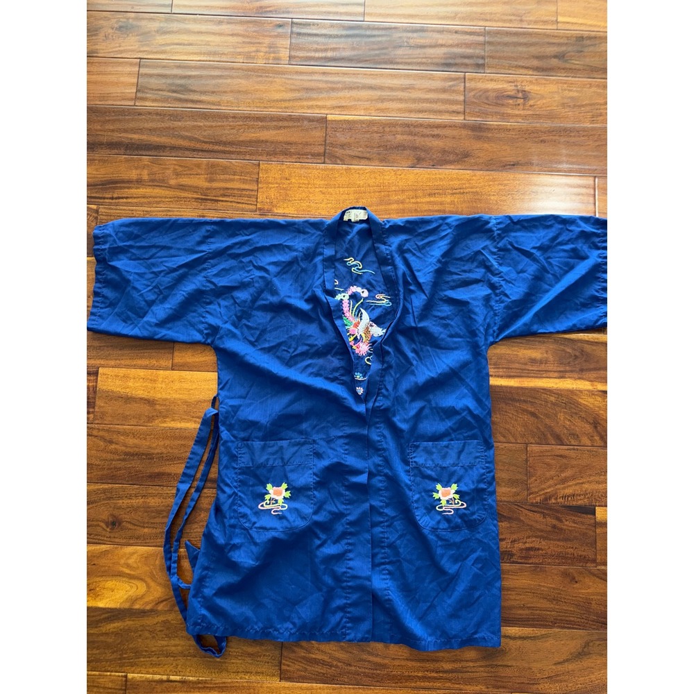 Vintage Health Kimono Robe Women Small Blue Excellent Embroidered Phoenix Floral